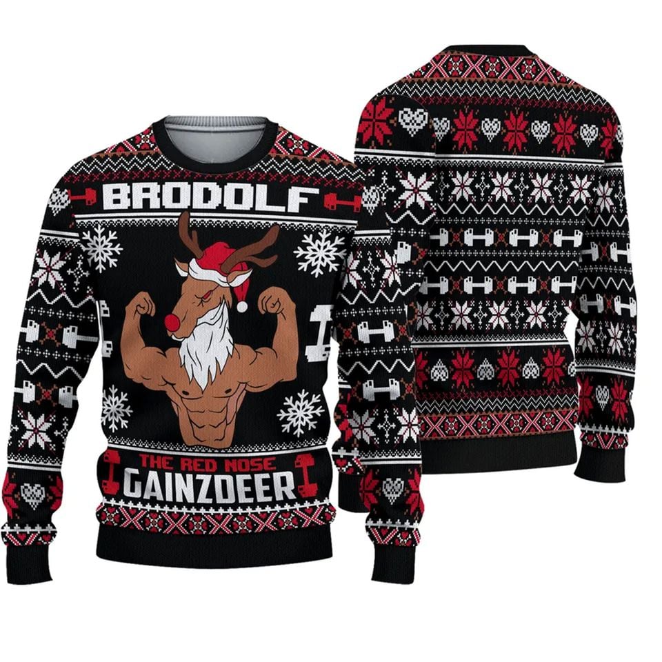 Brodolf The Red Nose Gainzdeer Gym Ugly Christmas 3D Sweater