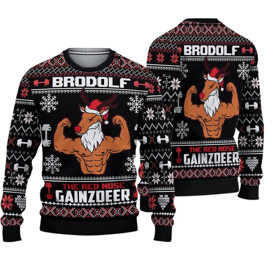 Brodolf The Red Nose Gainzdeer Gym Ugly Christmas Sweater