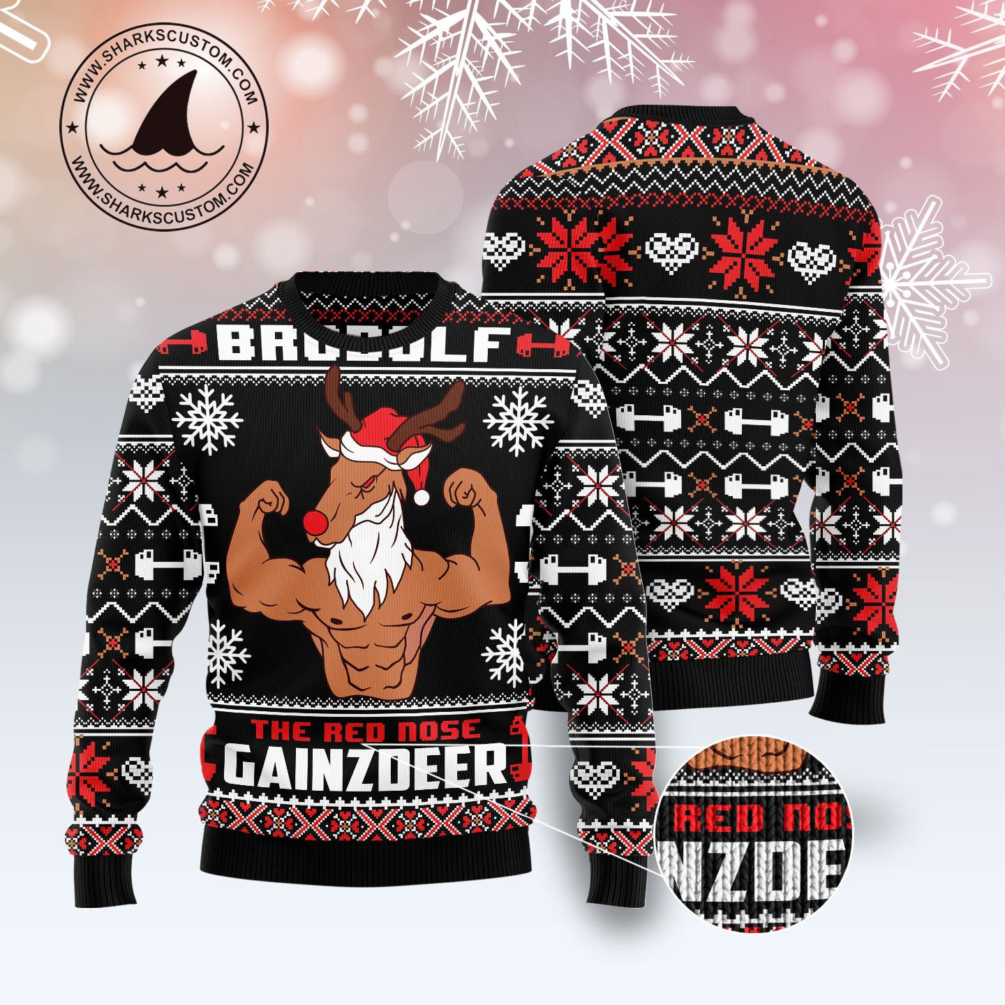 Brodolf The Red Nose Gainzdeer Gym Ugly Christmas Sweater Adult 3D Funny Matching for family - Image 3