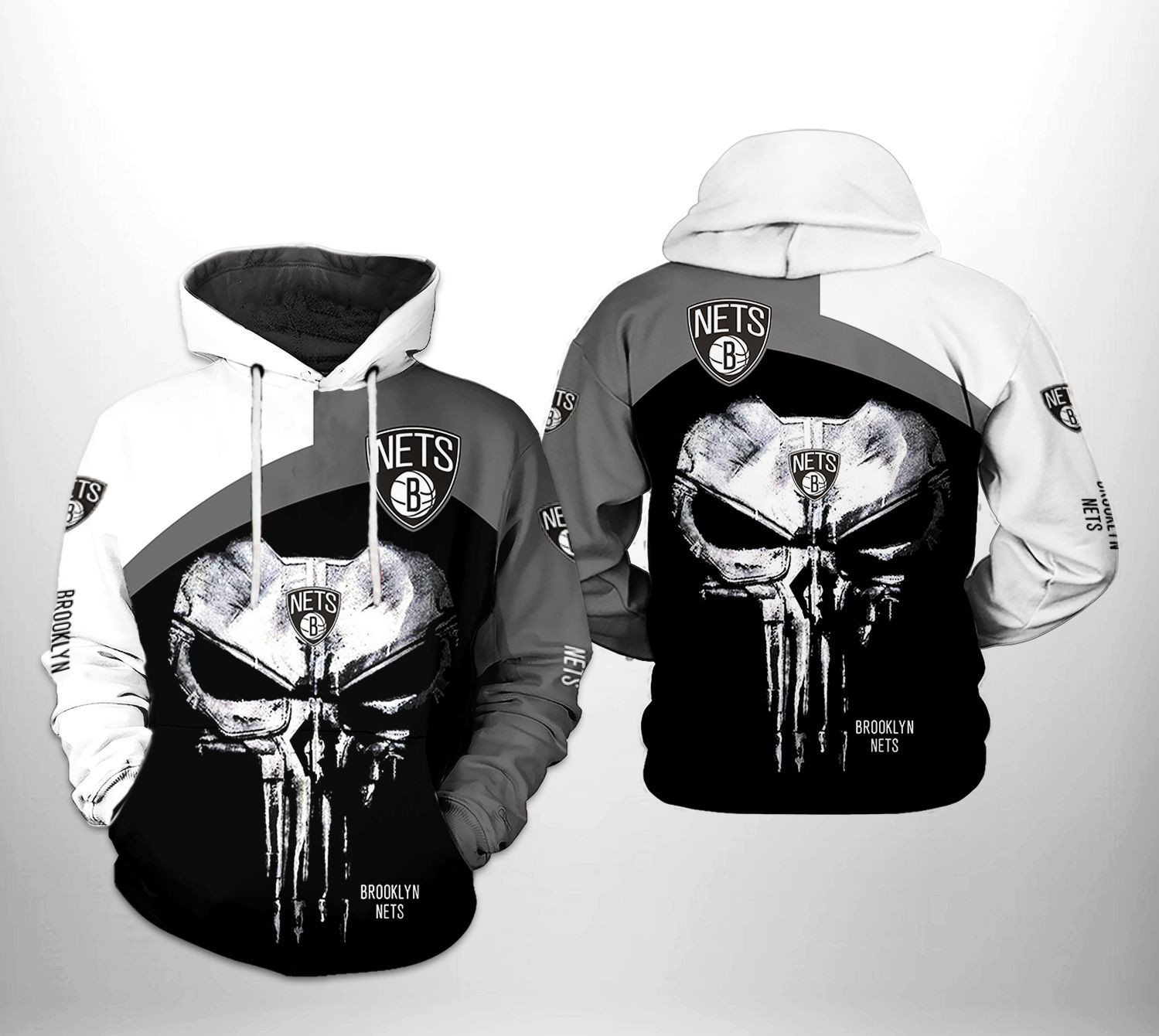 Brooklyn Nets NBA Skull Punisher Team 3D All Over Print Hoodie, Zip Hoodie