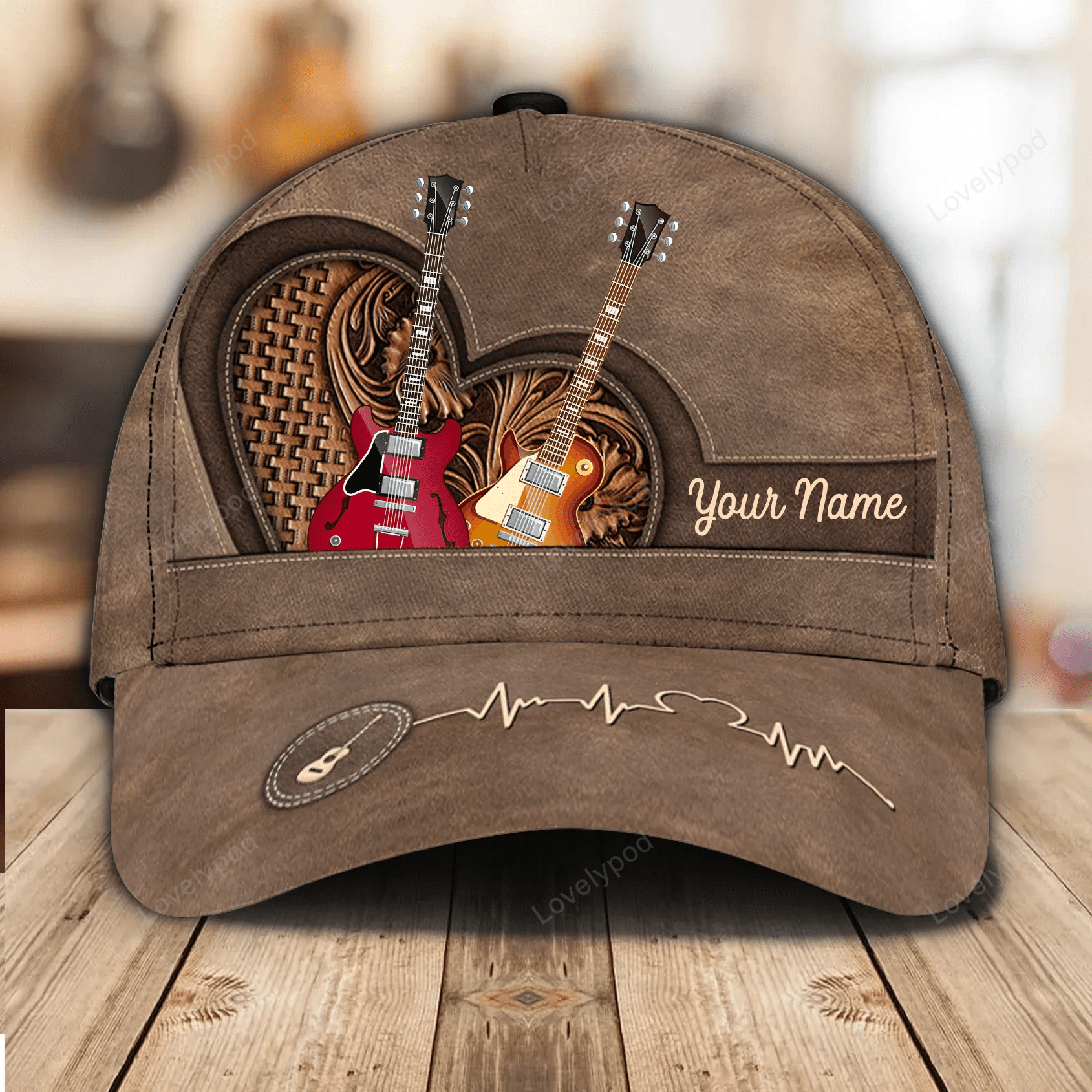 Brown Heart Personalized Guitar Cap, Gift for Music Lovers, Guitar Lovers Trucker Hats Custom Hats Gifts For Men & Women