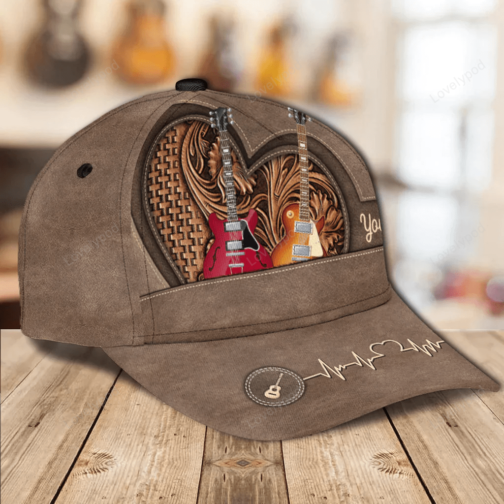 Brown Heart Personalized Guitar Cap, Gift for Music Lovers, Guitar Lovers Trucker Hats Custom Hats Gifts For Men & Women