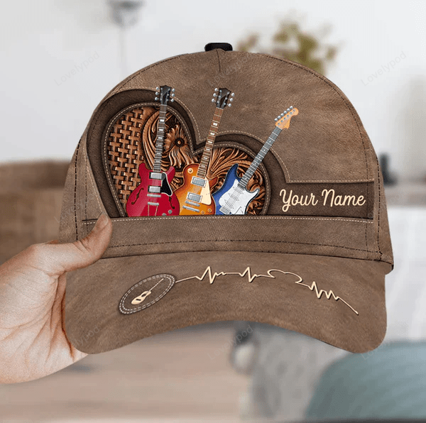 Brown Heart Personalized Guitar Cap, Gift for Music Lovers, Guitar Lovers Trucker Hats Custom Hats Gifts For Men & Women