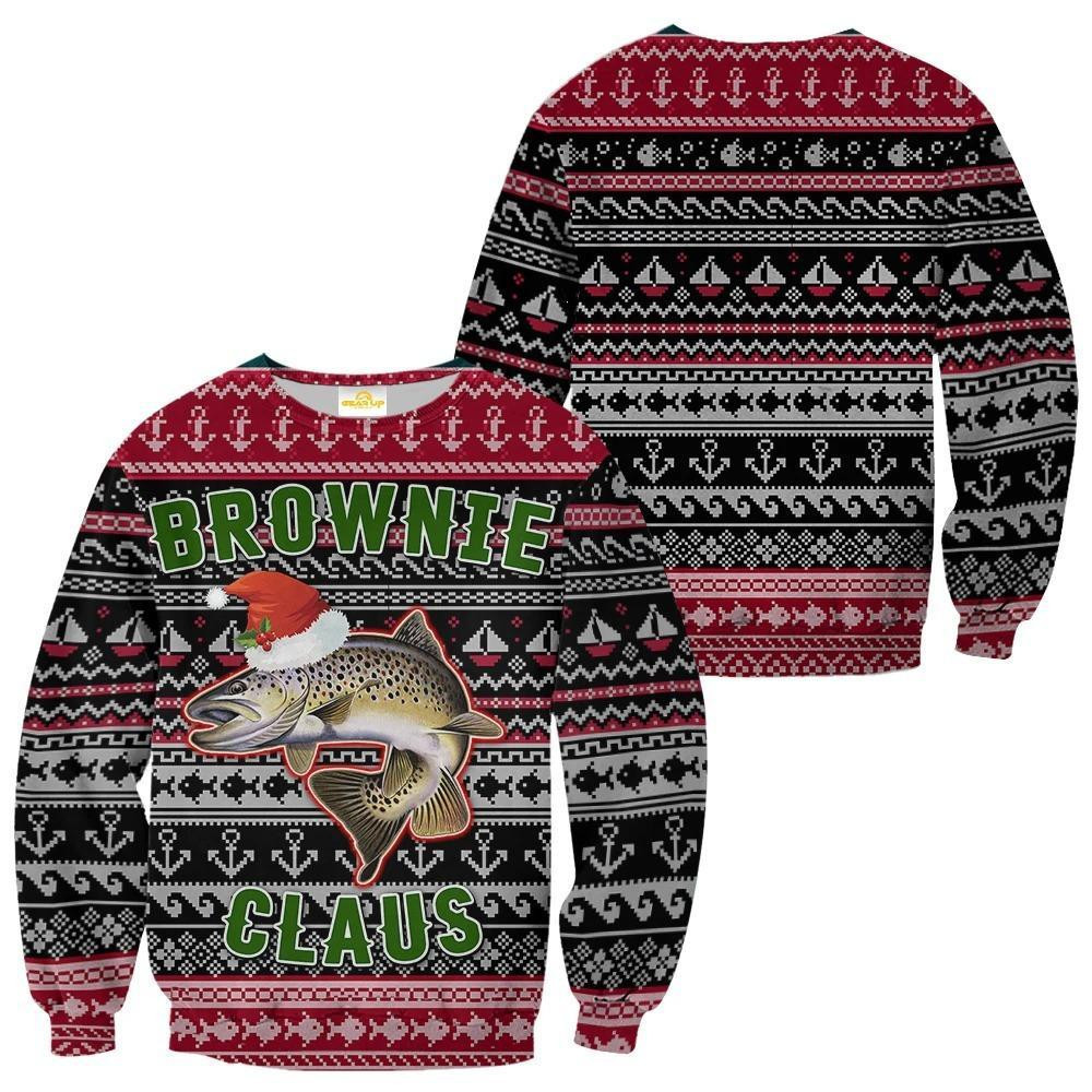 Brownie Claus Fishing Ugly Christmas Sweater Adult 3D Funny Matching for family