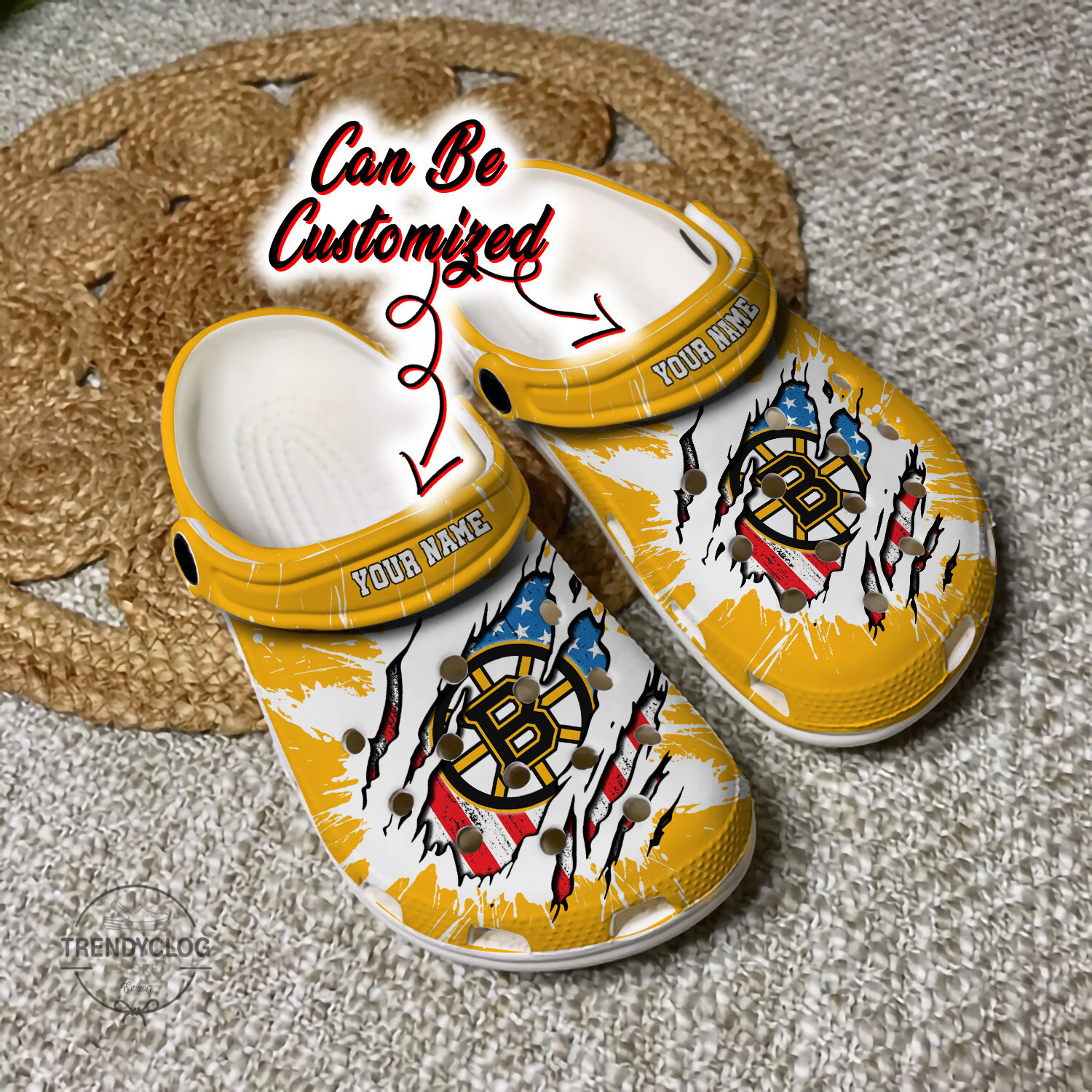 Bruins Personalized BBruins Hockey Ripped American Flag Clog Shoes