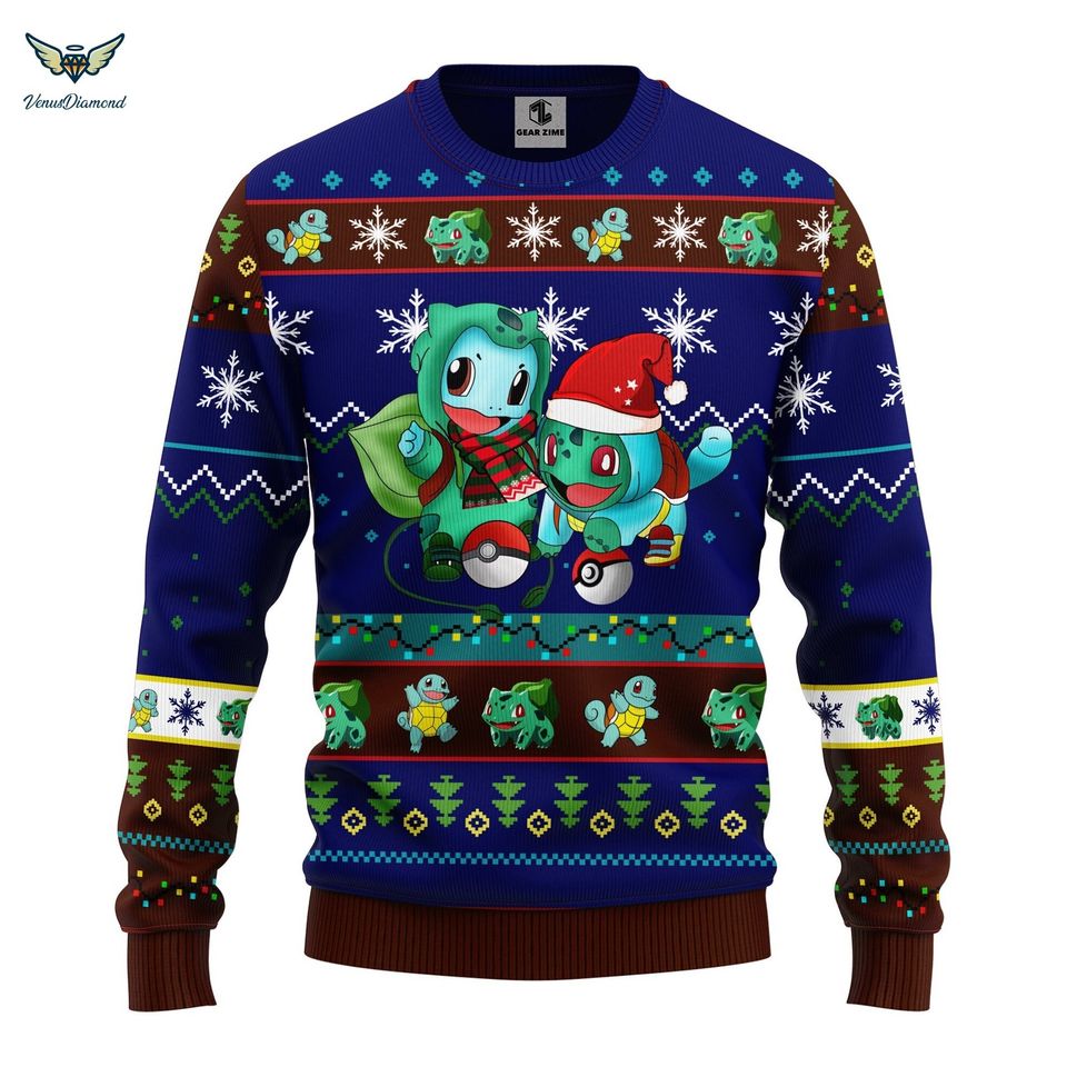Bulbasaur Squirtle PKM Ugly Christmas Sweater, 3D Sweater