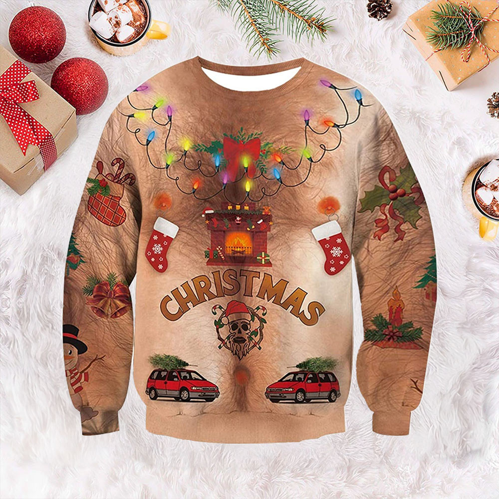 Bulbs Hairy Chest Ugly Christmas Sweater Funny Xmas Sweater Gifts For Dad