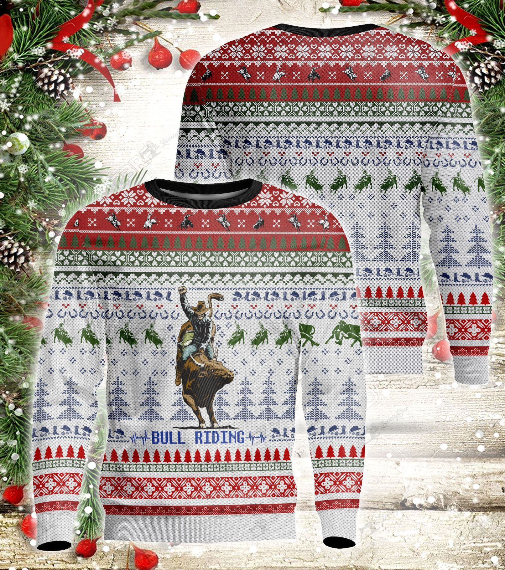 Bull Riding Ugly Christmas Sweater Adult 3D Funny Matching for family