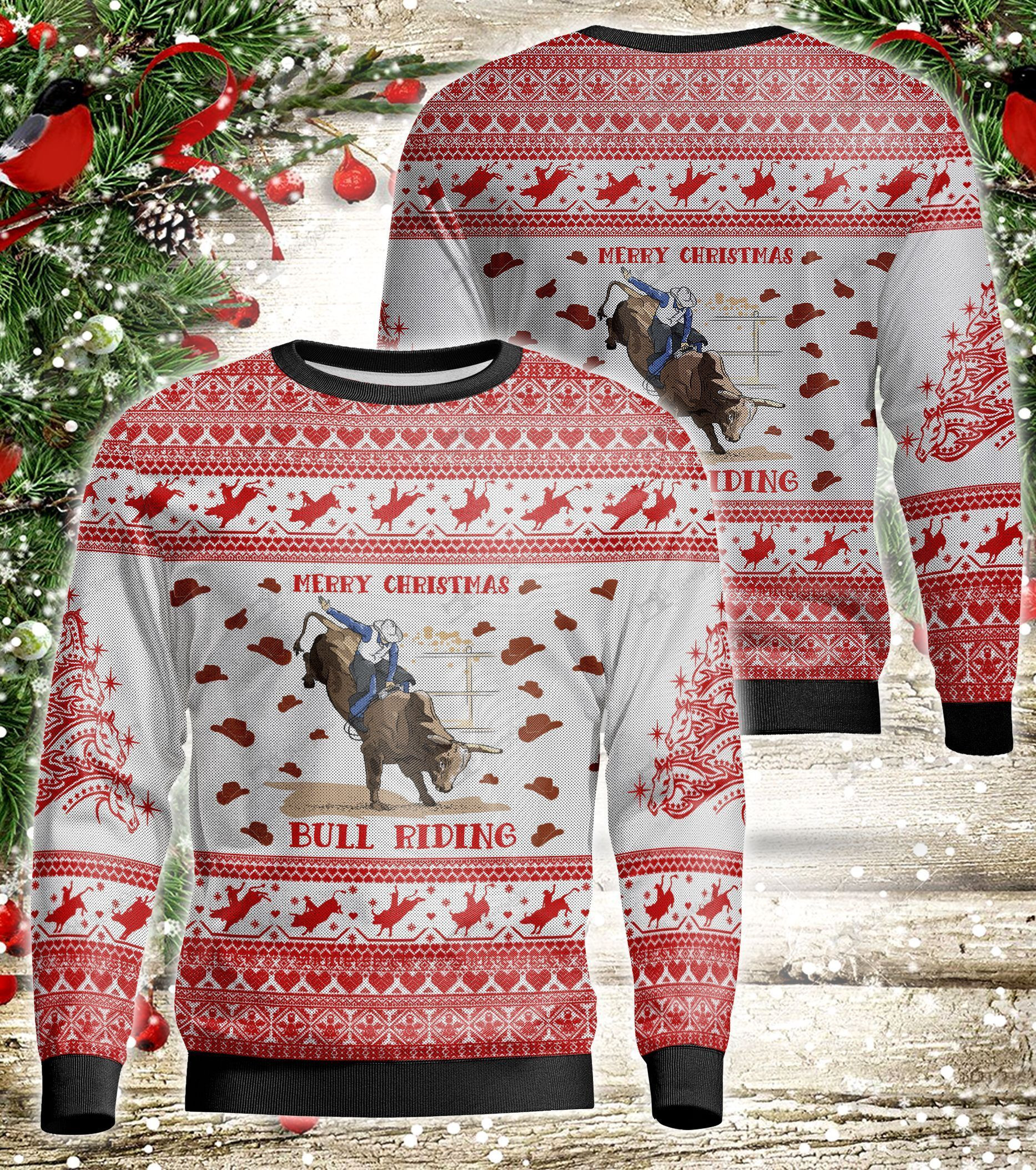 Bull Riding Ugly Christmas Sweater Adult 3D Funny Matching for family
