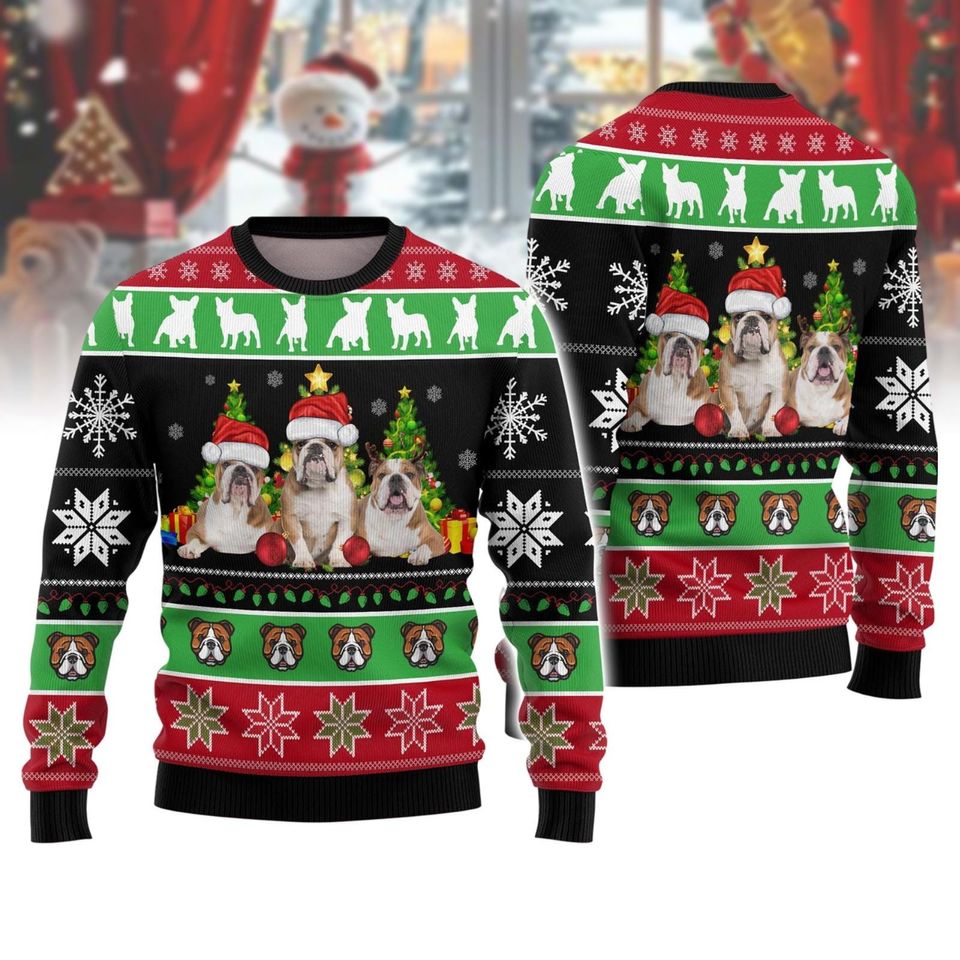 Bulldog Christmas Ugly Sweater, Bulldog Santa Hat Sweatshirt