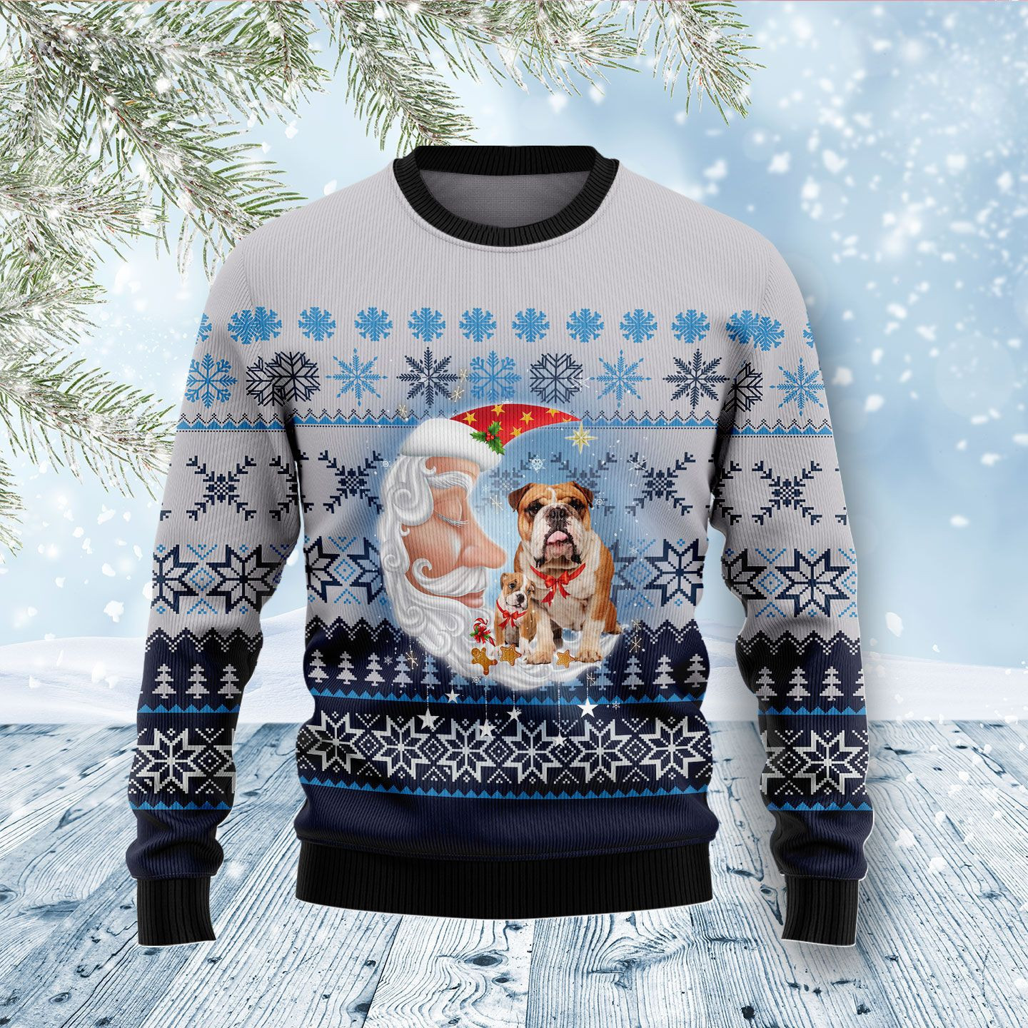 Bulldog Love Santa Moon Ugly Christmas Sweater Adult 3D Funny Matching for family