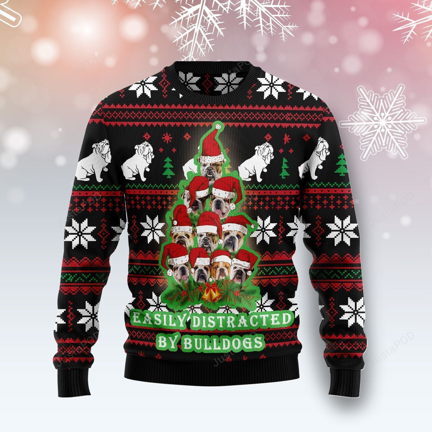 Bulldog Pine Tree Christmas Easyly Distracted By Bulldogs Ugly Christmas Sweater Adult 3D Funny Matching for family