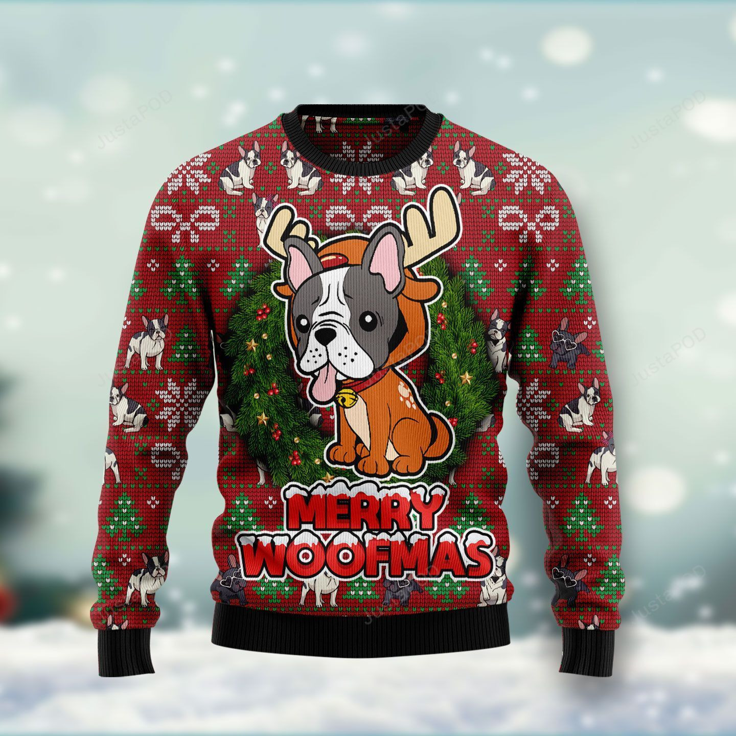Bulldog Reindeer Merry Woofmas Ugly Christmas Sweater Adult 3D Funny Matching for family