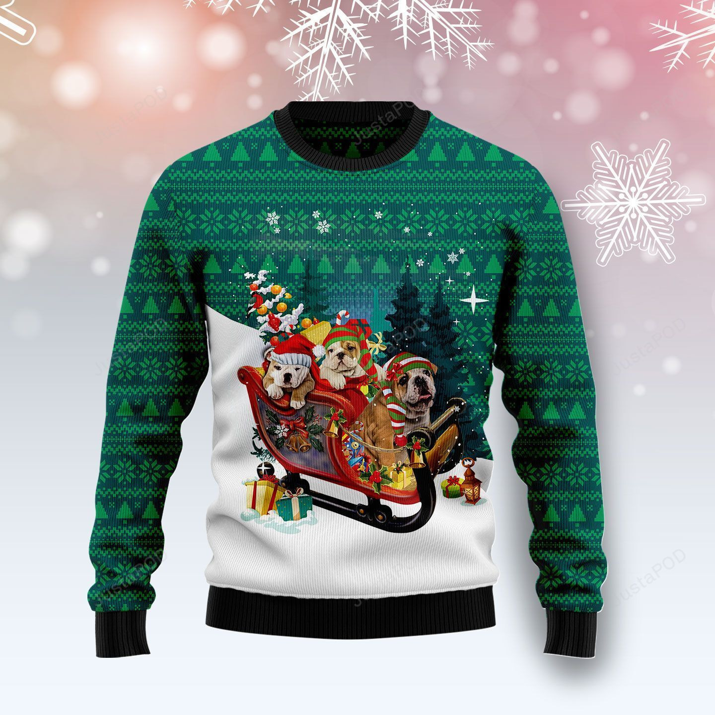 Bulldog Sleigh Drive Ugly Christmas Sweater Adult 3D Funny Matching for family