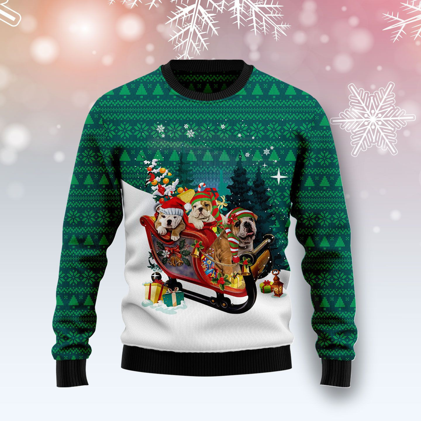 Bulldog Sleigh Ugly Christmas Sweater Adult 3D Funny Matching for family
