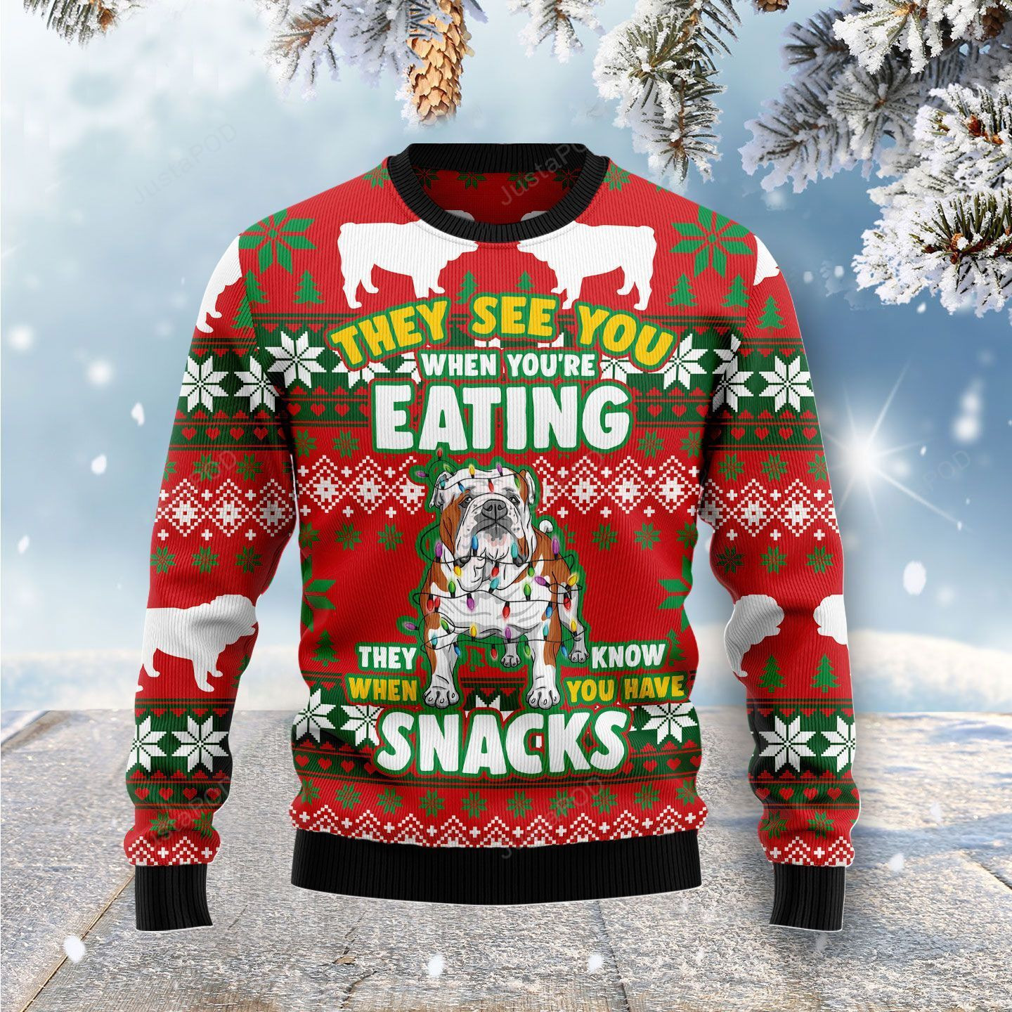 Bulldog Snacks Ugly Christmas Sweater Adult 3D Funny Matching for family