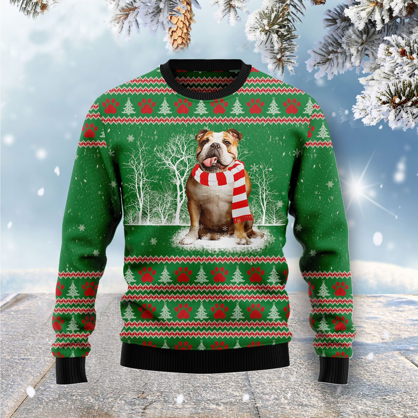 Bulldog Winter Tree Ugly Christmas Sweater Adult 3D Funny Matching for family