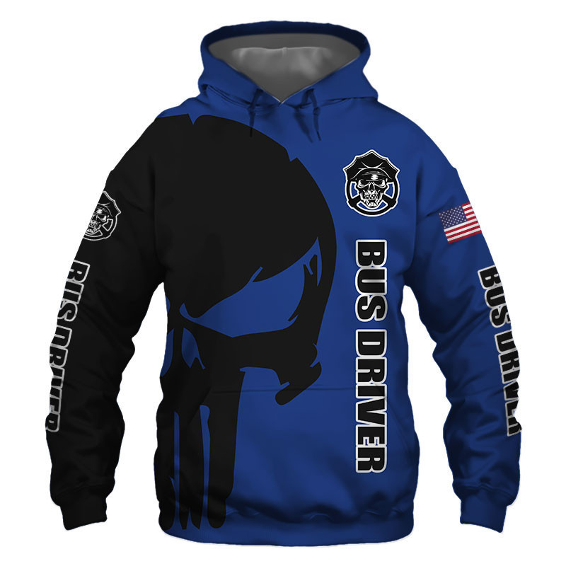 Bus Driver Punisher Skull US Flag Black Blue 3D All Over Print Hoodie, Zip Hoodie