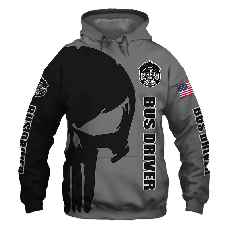 Bus Driver Punisher Skull US Flag Black Grey 3D All Over Print Hoodie, Zip Hoodie
