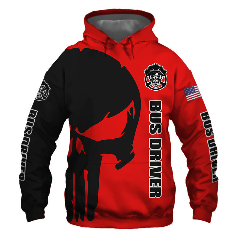Bus Driver Punisher Skull US Flag Black Red 3D All Over Print Hoodie, Zip Hoodie