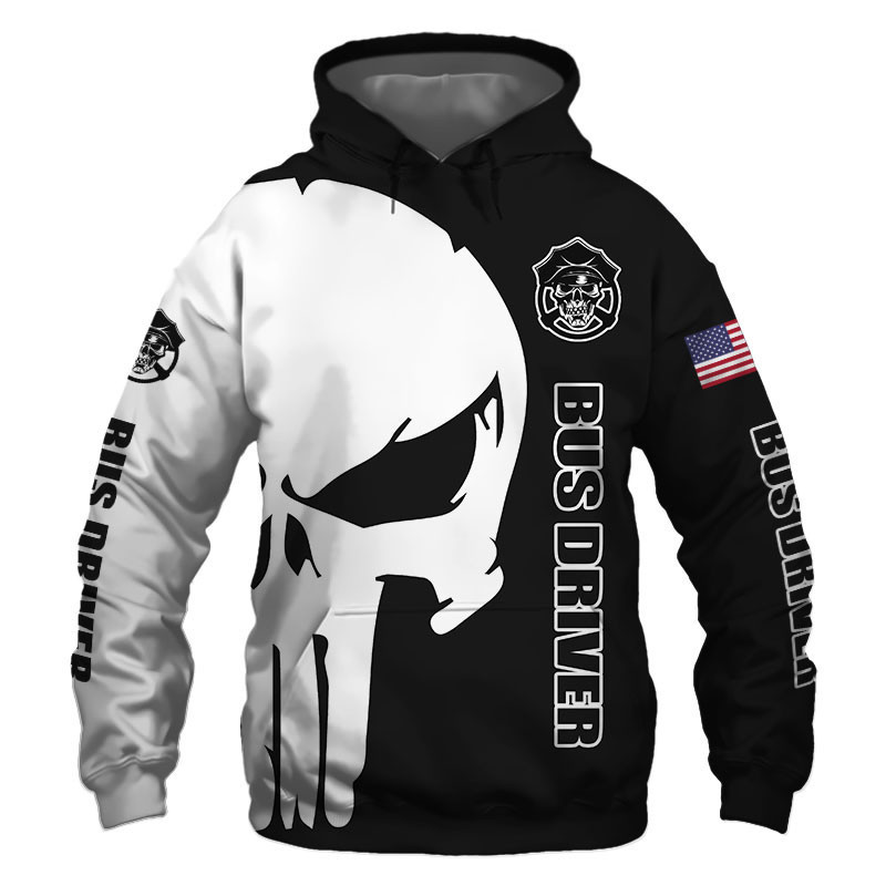 Bus Driver Punisher Skull US Flag Black White 3D All Over Print Hoodie, Zip Hoodie