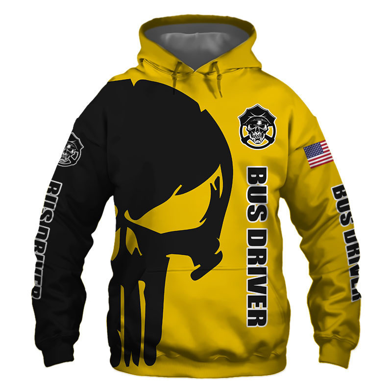 Bus Driver Punisher Skull US Flag Black Yellow 3D All Over Print Hoodie, Zip Hoodie
