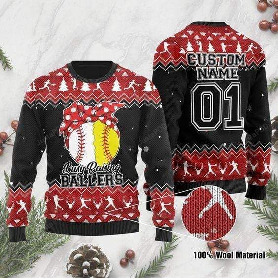 Busy Raising Ballers Softball And Baseball Ugly Christmas Sweater Adult 3D Funny Matching for family