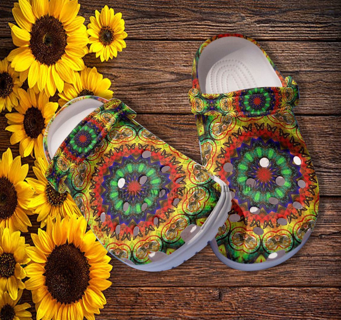 Butterfly Boho Trippy Flower Croc Shoes - Boho Peace Hippie Shoes Croc Clogs