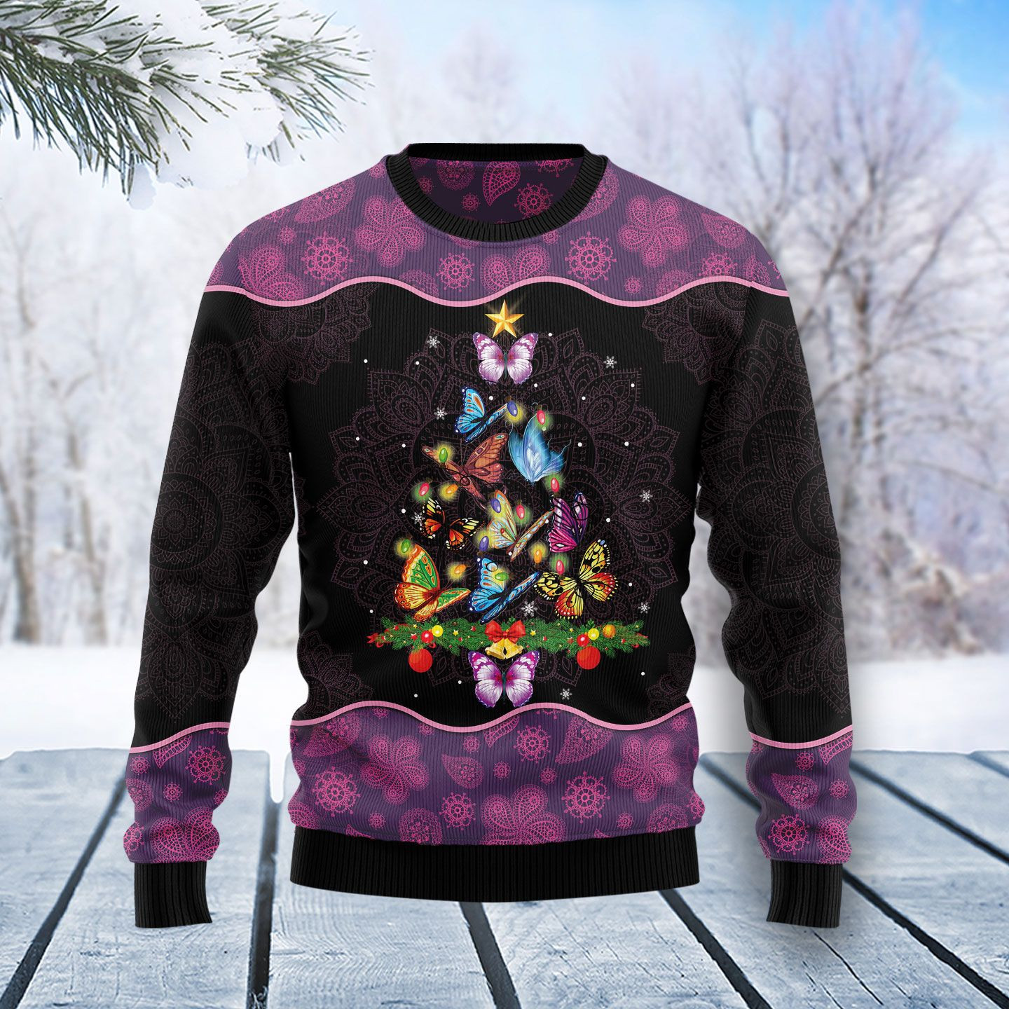 Butterfly Christmas Tree  Ugly Christmas Sweater Adult 3D Funny Matching for family