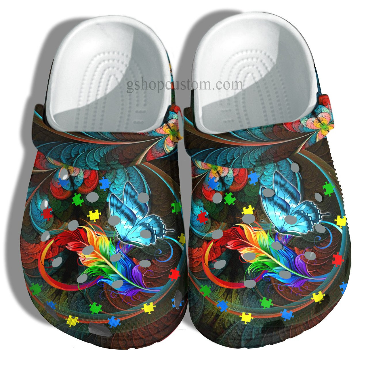 Butterfly Memory Rainbow Feather Shoes - Butterfly Autism Awareness Puzzel Shoes Croc Clogs Gifts Mother Day
