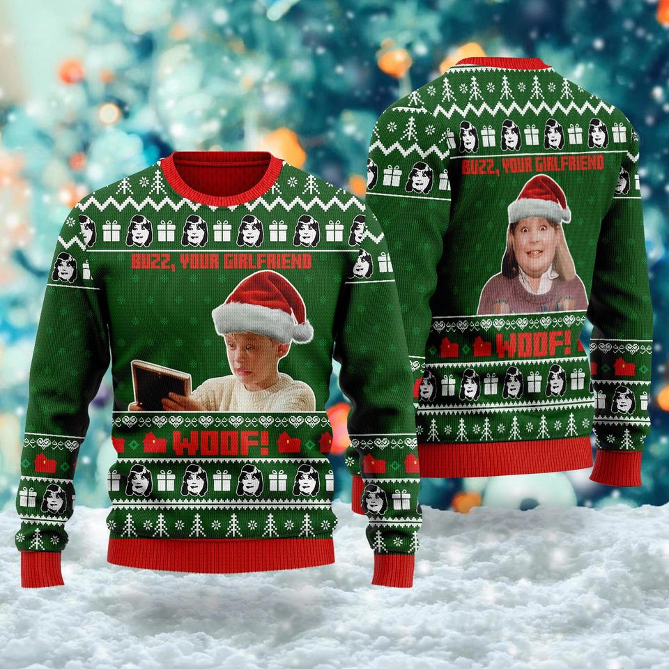 Buzz Your Girlfriend WOOF Kevin Home Alone 3D Ugly Christmas Sweater, Home Alone Movie