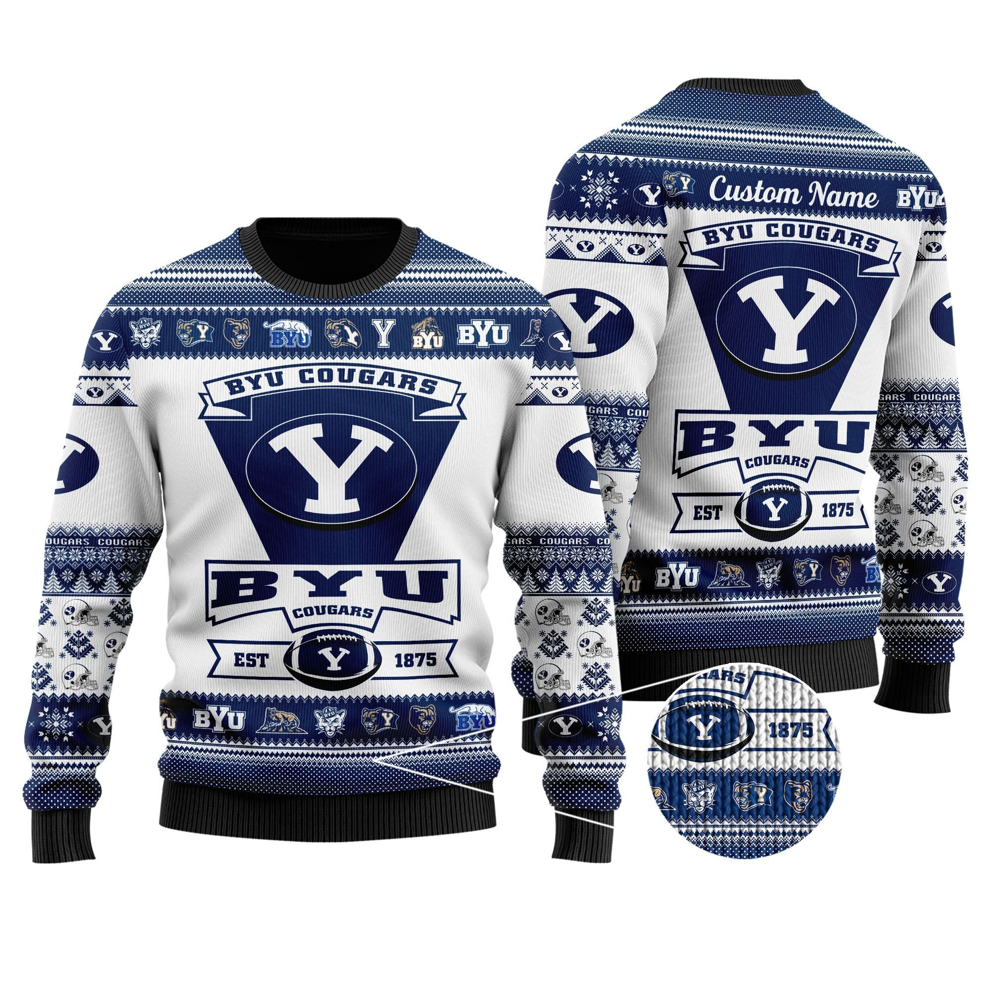 Byu Cougars Football Team Logo Custom Name Personalized Ugly Christmas Sweater Adult 3D Funny Matching for family - Image 2