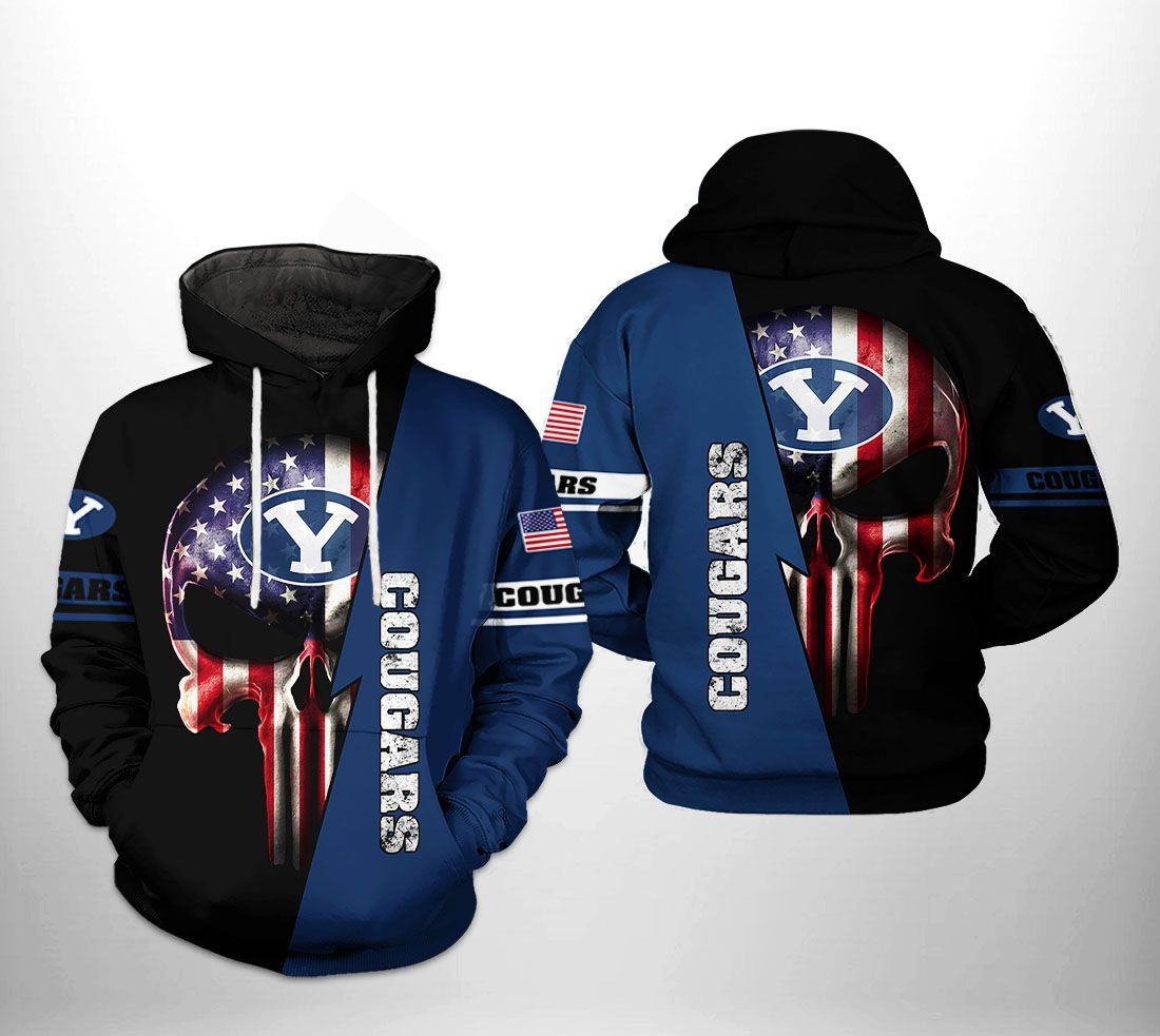 BYU Cougars NCAA US Flag Skull 3D All Over Print Hoodie, Zip Hoodie