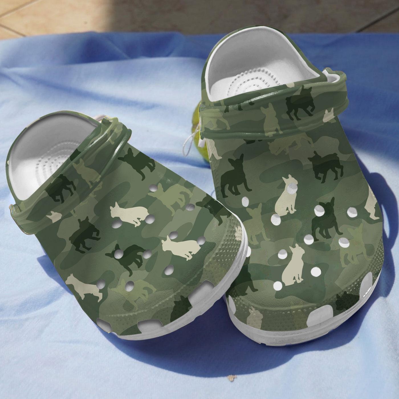 Camo French Bulldog Crocs Crocband Clogs Shoes Comfortable For Men Women and Kids