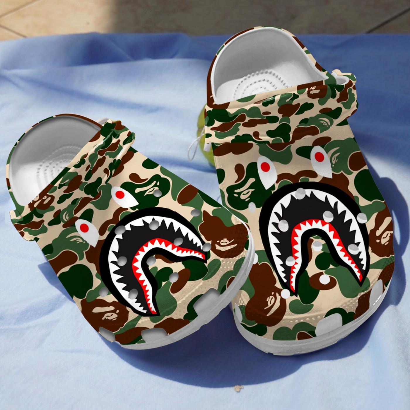 Camo Shark Crocs Crocband Clogs Shoes Comfortable For Men Women and Kids