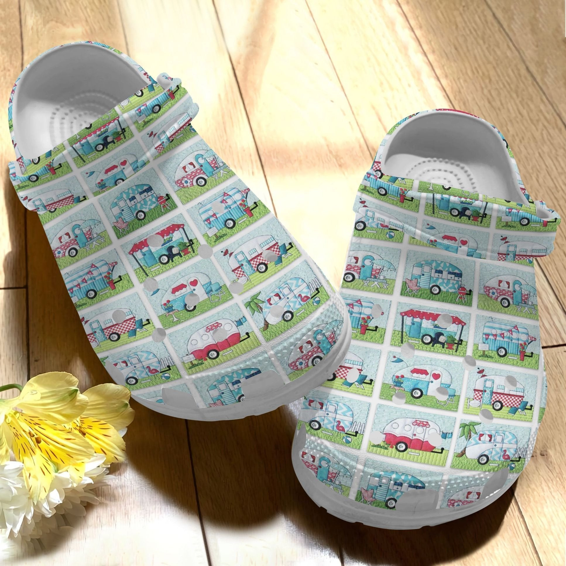 Camper Van Quilt Shoes - Lovely Camping Bus clog Gift For Men Kids
