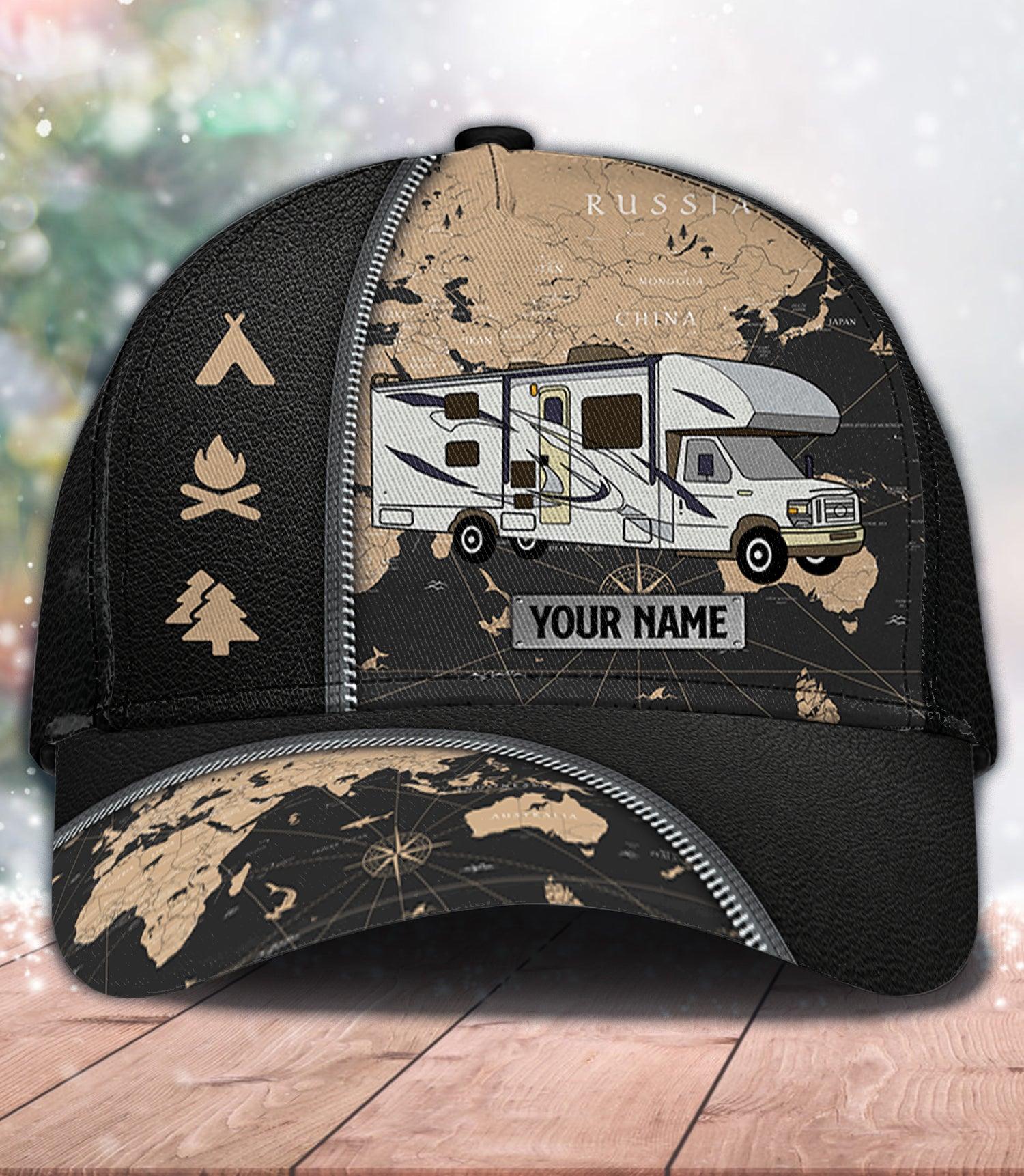 Camping Black Map Personalized Classic Cap, Personalized Gift for Camping Lovers Trucker Hats Custom Hats Gifts For Men & Women