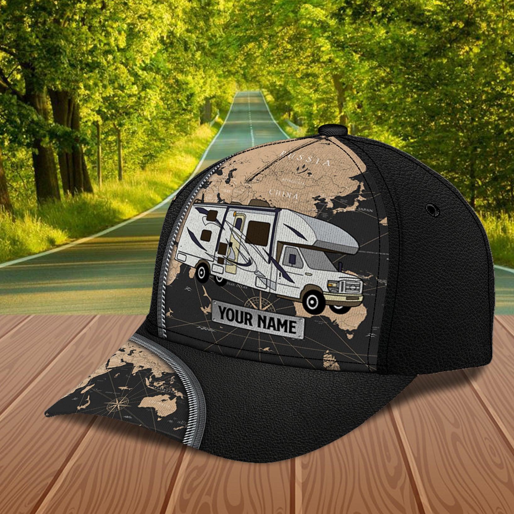 Camping Black Map Personalized Classic Cap, Personalized Gift for Camping Lovers Trucker Hats Custom Hats Gifts For Men & Women