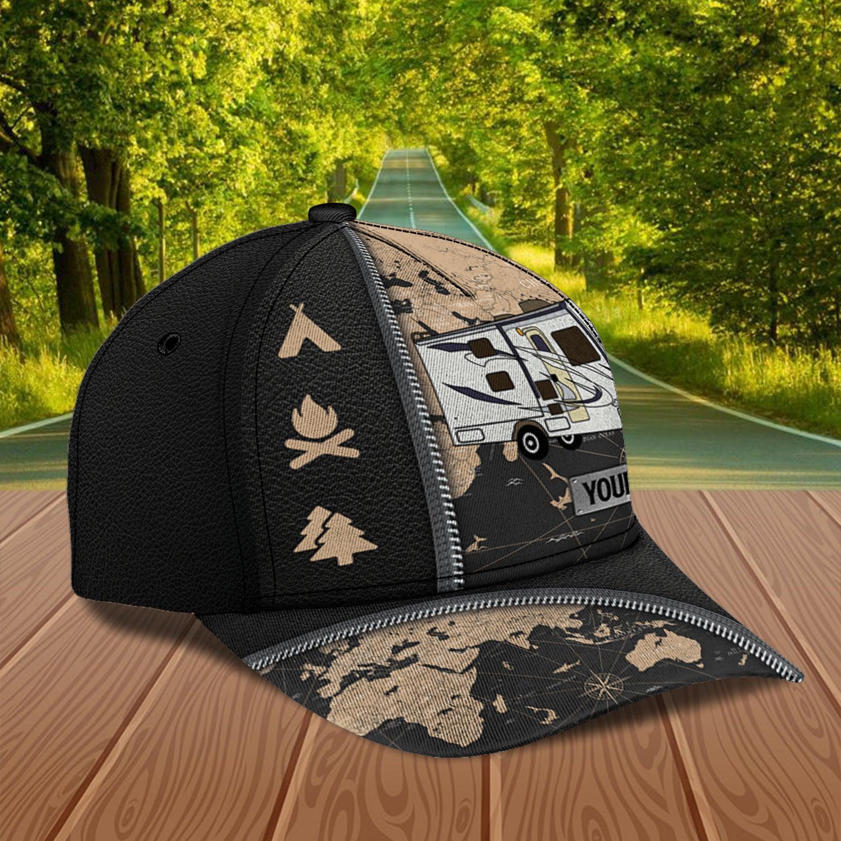 Camping Black Map Personalized Classic Cap, Personalized Gift for Camping Lovers Trucker Hats Custom Hats Gifts For Men & Women