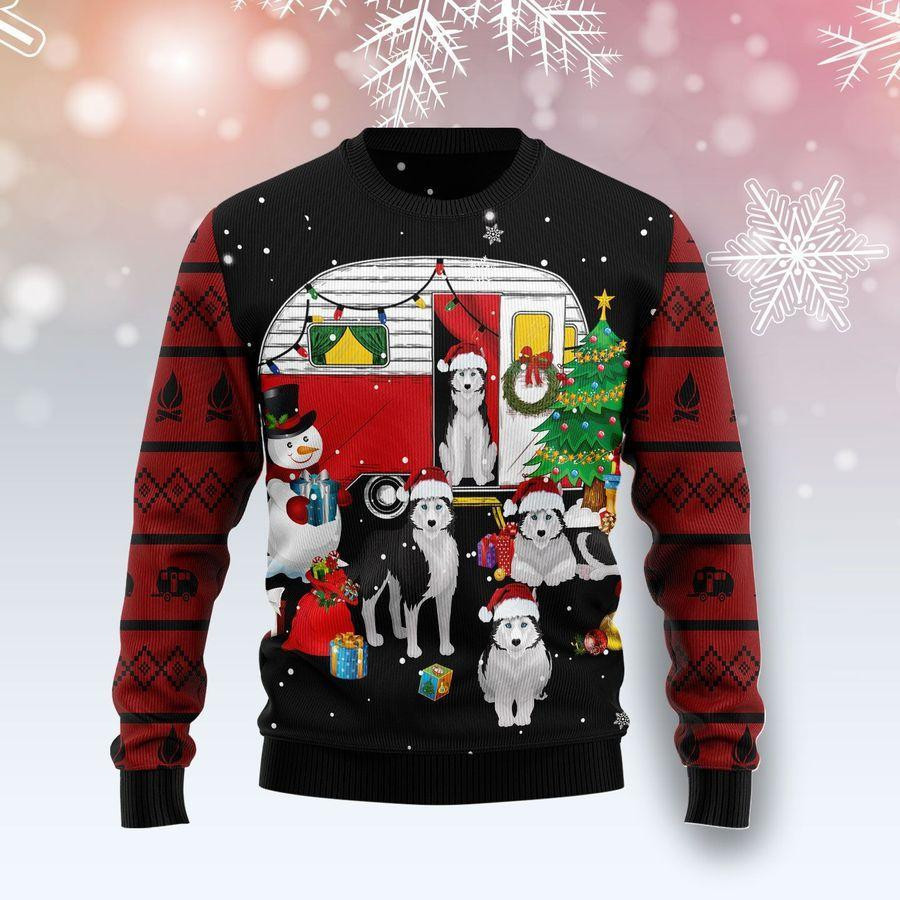 Camping Car And Siberian Husk Ugly Christmas Sweater Adult 3D Funny Matching for family