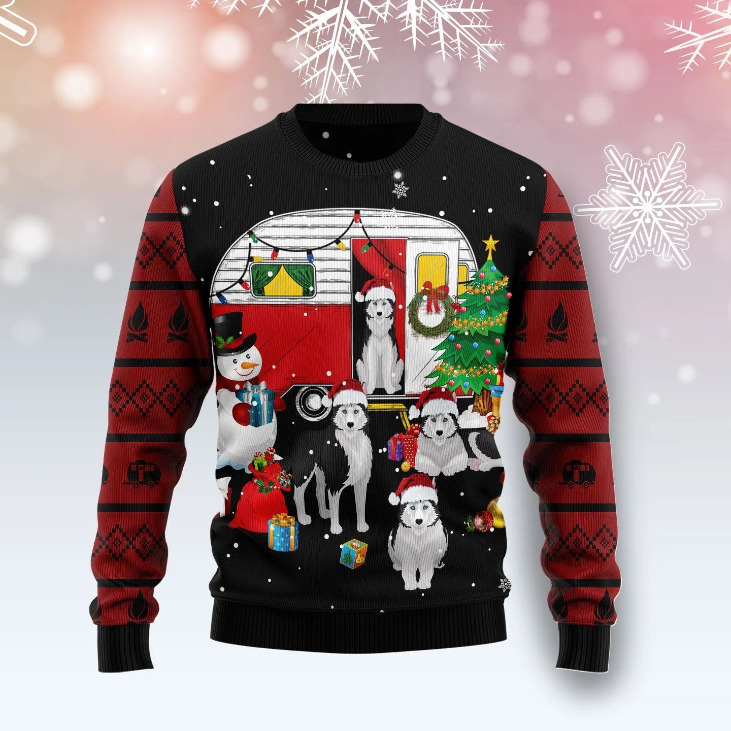 Camping Car And Siberian Husky Ugly Christmas Sweater