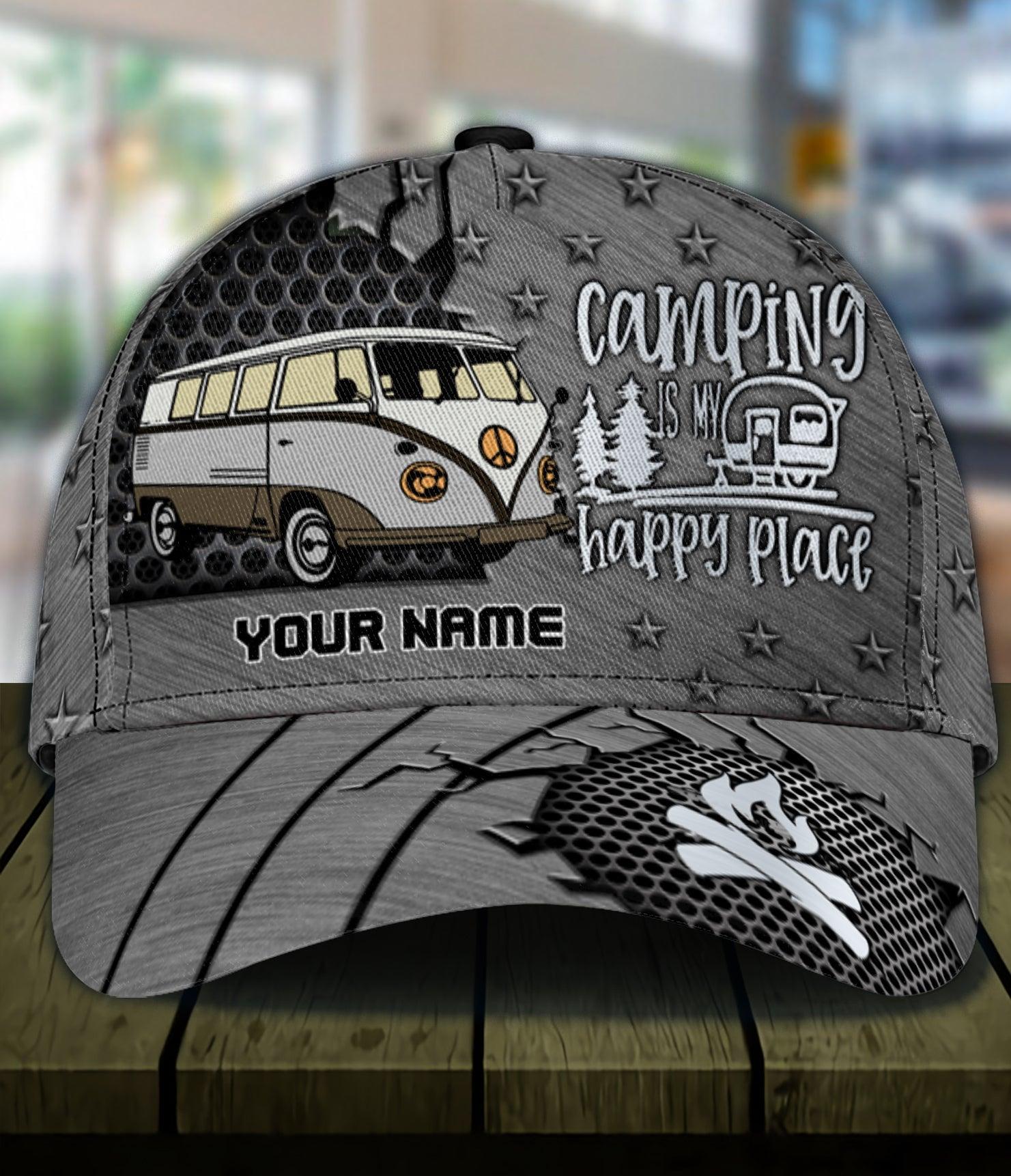 Camping My Happy Place Gray Personalized Classic Cap, Personalized Gift for Camping Lovers Trucker Hats Custom Hats Gifts For Men & Women