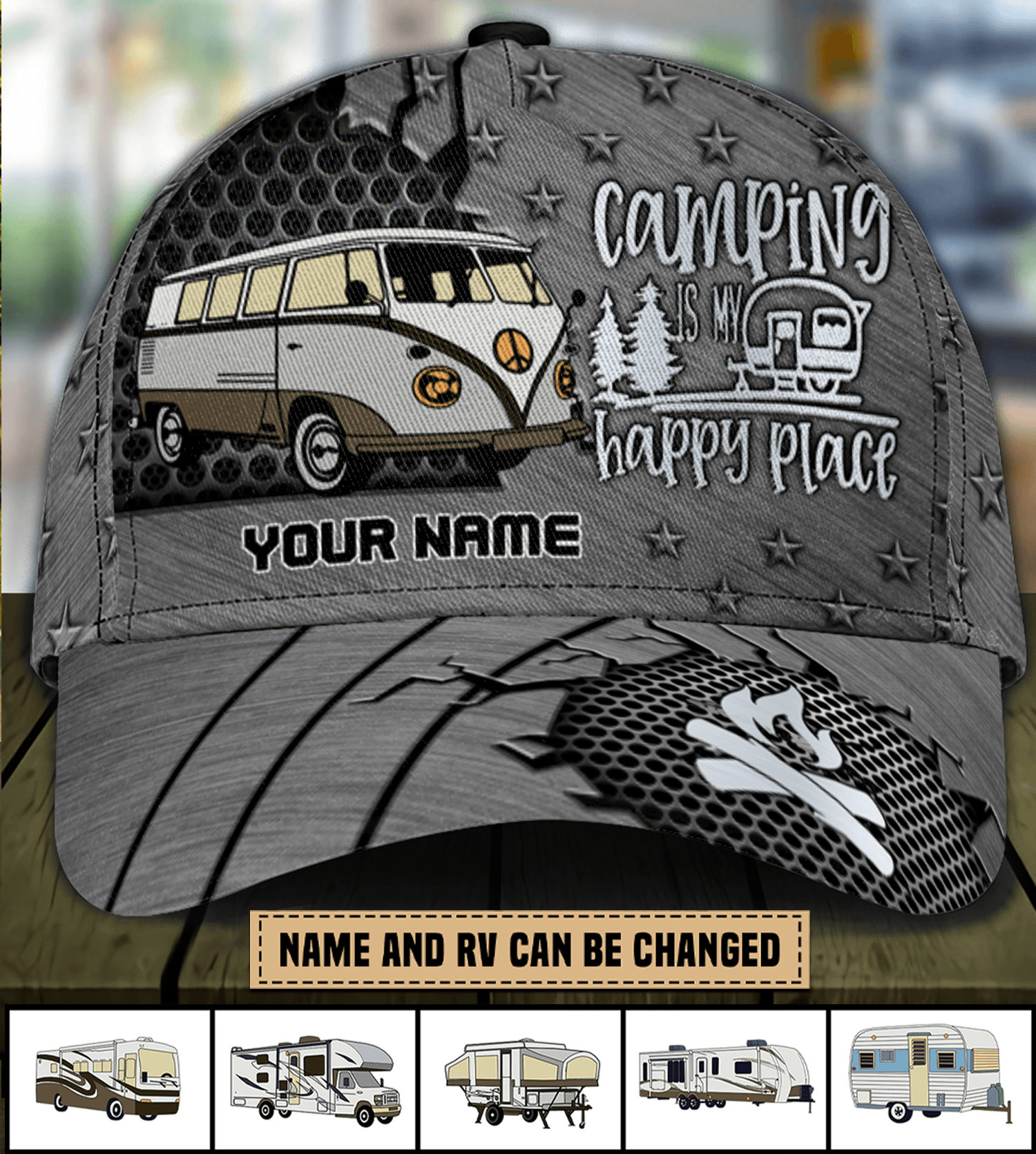 Camping My Happy Place Gray Personalized Classic Cap, Personalized Gift for Camping Lovers Trucker Hats Custom Hats Gifts For Men & Women