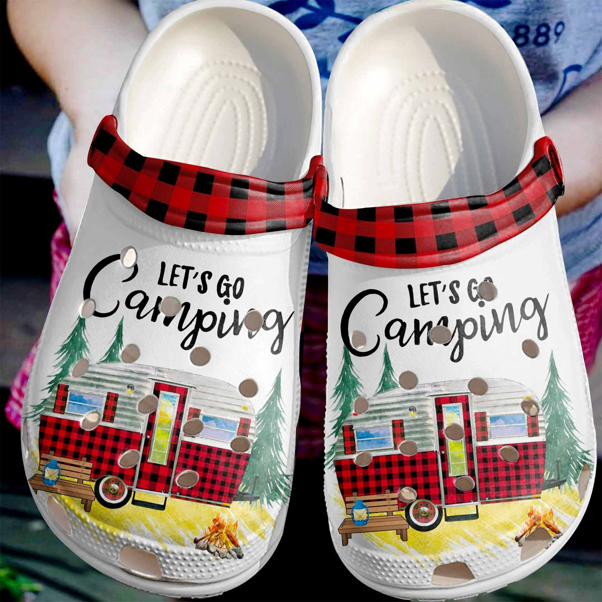 Camping Red Gingham Shoes Clogs - Lets Go Camping Custom Shoe Birthday Gift