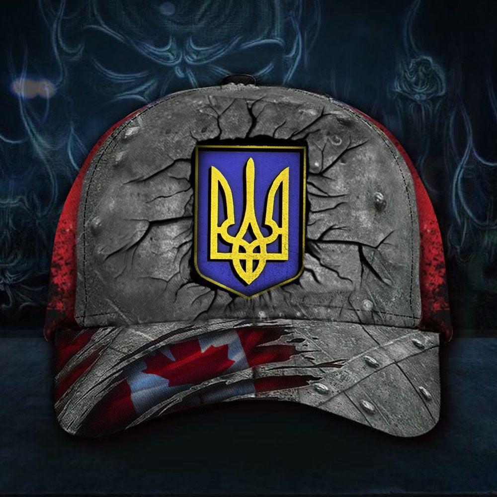 Canada Stands With Ukraine Canada Flag Hat Trident Ukraine Symbol Merch Trucker Hats Custom Hats Gifts For Men & Women