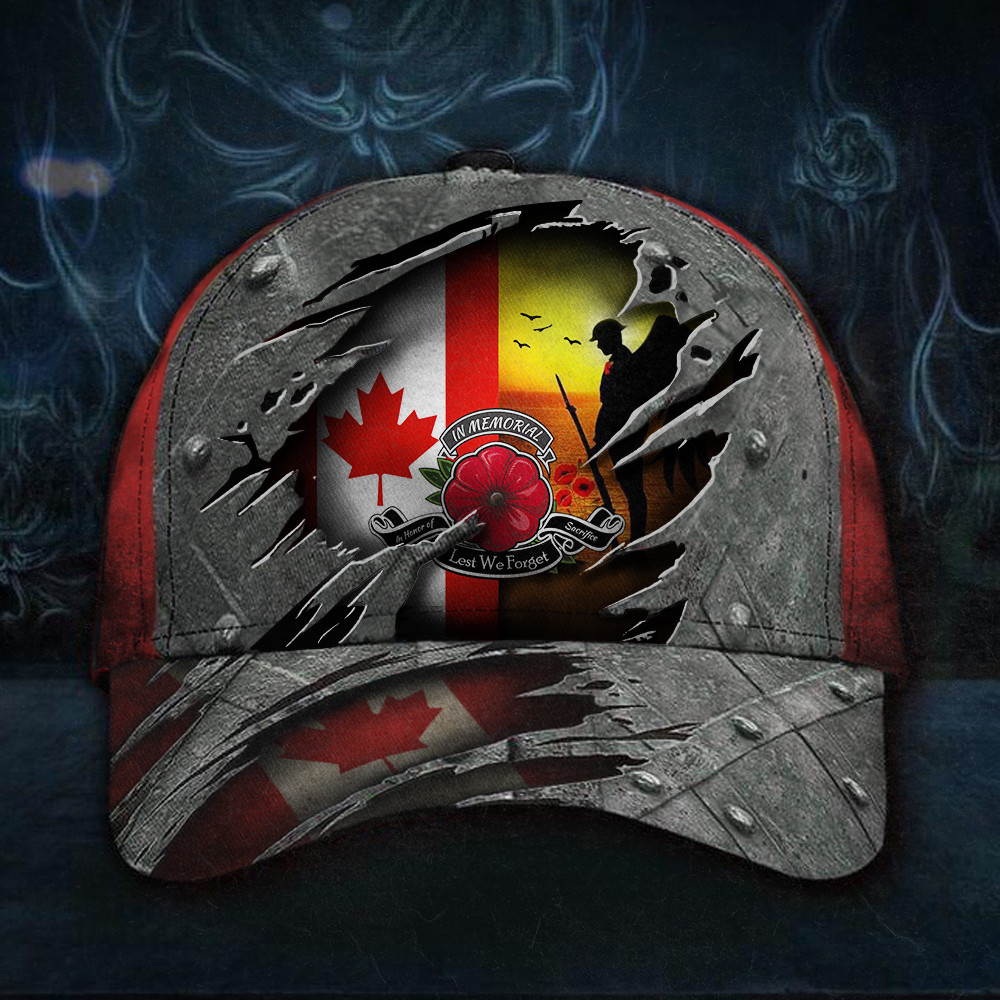 Canadian Veteran Poppy In Memorial Let We Forget Cap Honor Veteran Patriotic Hats Trucker Hats Custom Hats Gifts For Men & Women