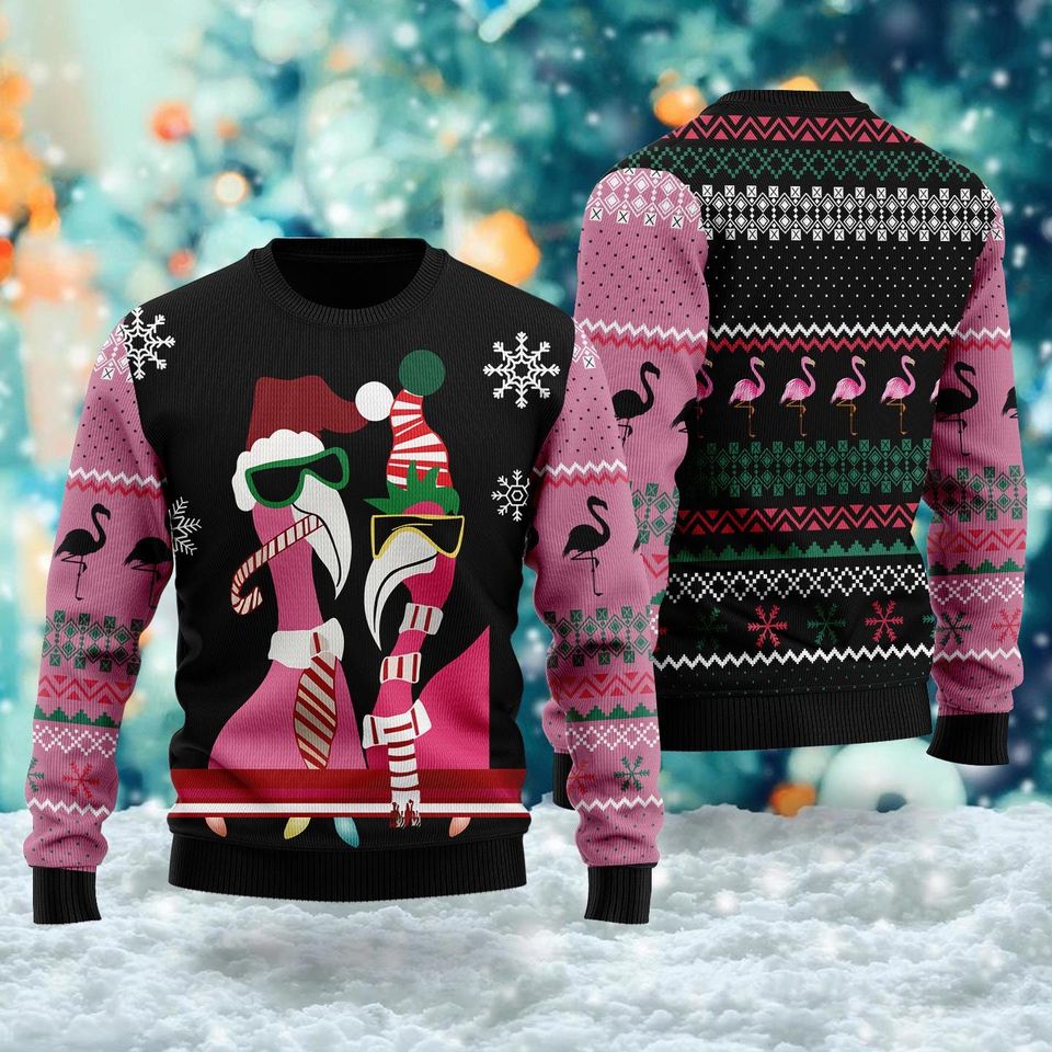 Candy Cane Flamingo 3D All Over Printed T-shirt, Animal Lovers Ugly Christmas Sweater