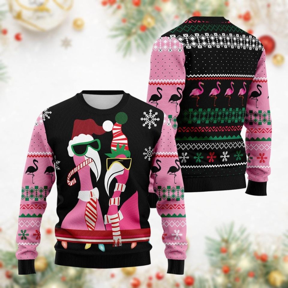 Candy Cane Flamingo Ugly Christmas Sweater, Flamingo Santa Hat Ugly Sweatshirt