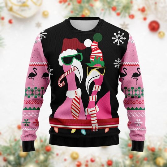 Candy Cane Flamingo Ugly Christmas Sweater, Flamingo Santa Hat Ugly Sweatshirt - Image 7