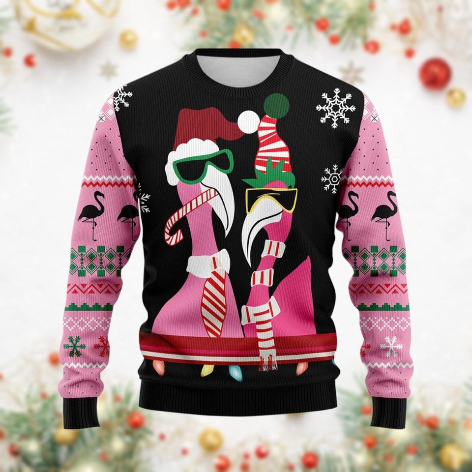Candy Cane Flamingo Ugly Christmas Sweater, Flamingo Santa Hat Ugly Sweatshirt - Image 3